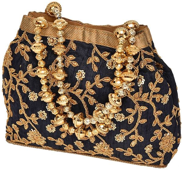Patriot-Blue Bracelet Bag with Golden-Embroidery and Beaded Handles