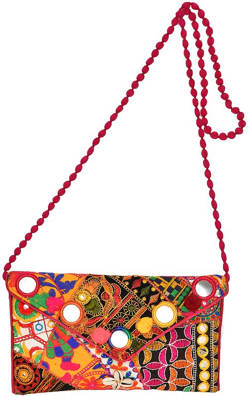 Multicolored Embroidered Clutch Bag with Front Flap and Large Mirrors