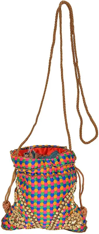 Multicolor Drawstring Potli Bag with Embroidered-Beads