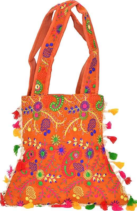 Jhola Bag with Embroidered Paisleys and Mirrors