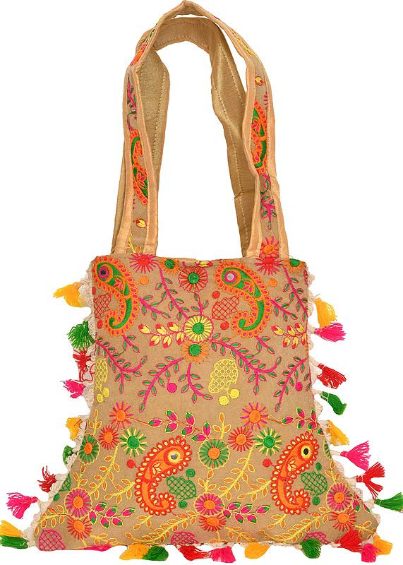 Jhola Bag with Embroidered Paisleys and Mirrors