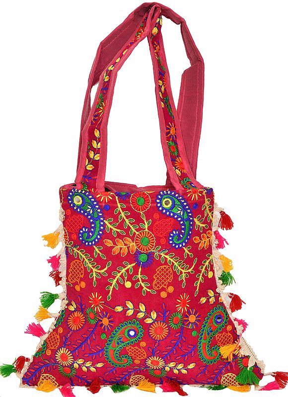 Jhola Bag with Embroidered Paisleys and Mirrors