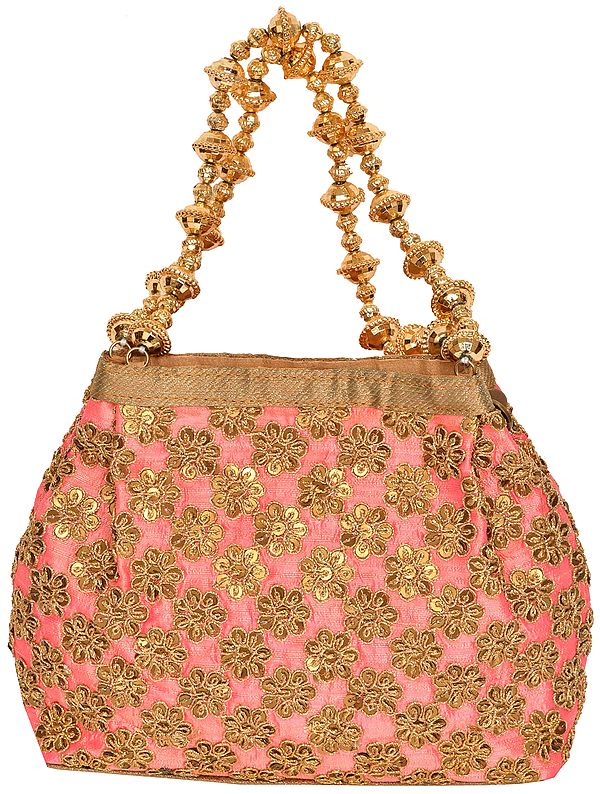 Salmon-Rose Bracelet Bag with Embroidered-Sequins and Beaded Handles