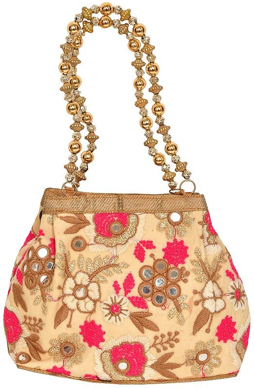 Cream Floral Embroidered Bracelet Bag with Mirrors and Beaded Handles