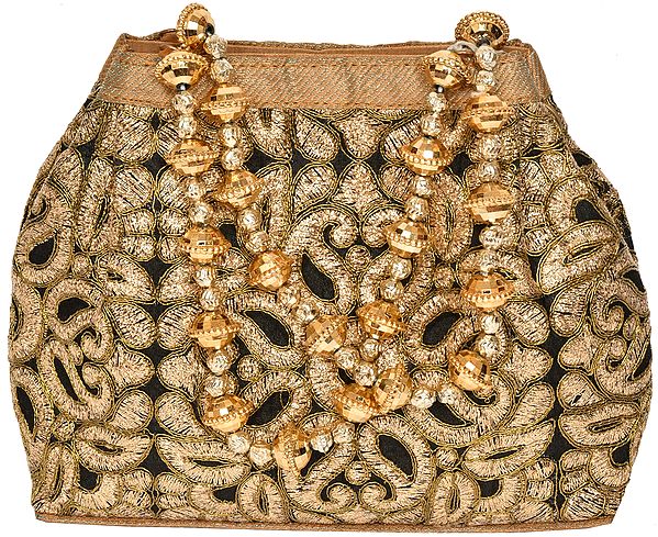 Black and Golden Bracelet Bag with Embroidered Paisleys and Beaded Handles