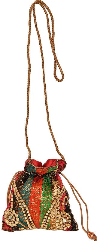 Drawstring Potli Bag with Zari-Weave and Embroidered Beads
