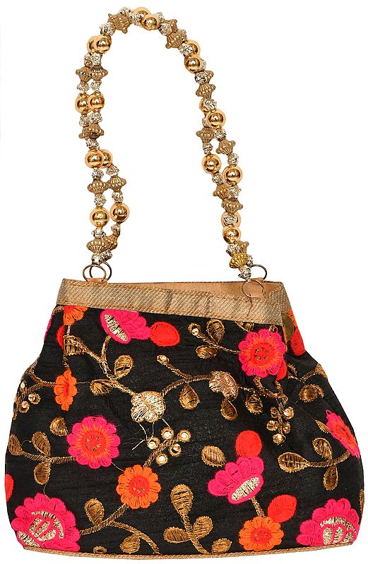 Caviar-Black Bracelet Bag with Embroidered Flowers and Beaded Handles