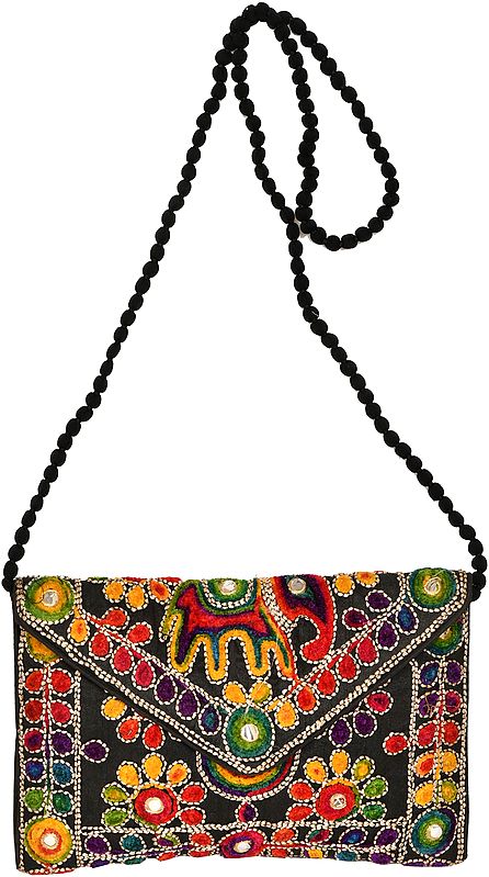 Black Embroidered Clutch Bag with Mirrors and Elephant Figure