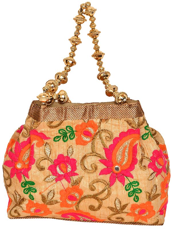 Golden Embroidered Bracelet Bag with Beaded Handles and Mirrors