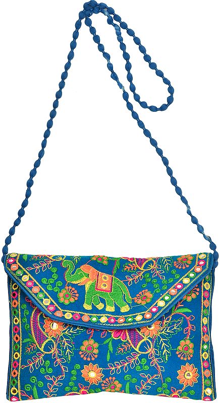 Clutch Bag with Embroidered Elephants and Mirrors