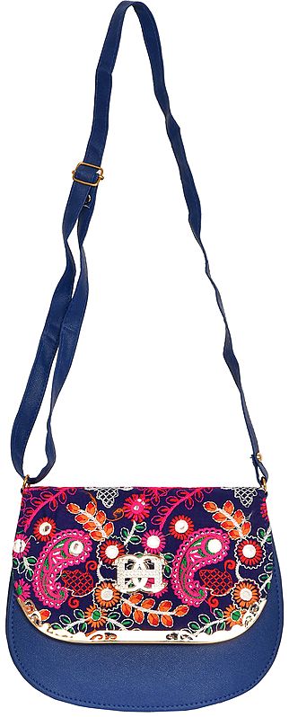 Shoulder Bag with Thread-Embroidery and Mirrors