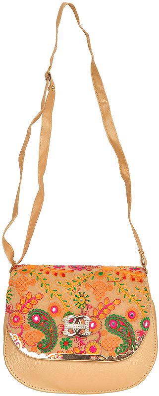 Shoulder Bag with Thread-Embroidery and Mirrors