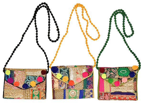 Lot of Three Clutch Bag from Gujarat with Embroidered Patchwork and Sequins