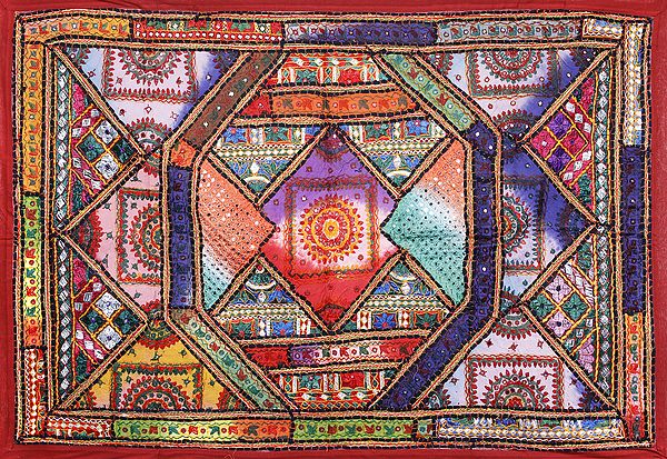 Garnet-Red Wall Hanging from Kutch with Hand-Embroidery and Studded Mirrors