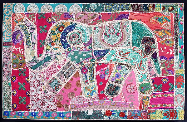 Caviar-Black Hand-Crafted Embroidered Patchwork Elephant Wall Hanging from Gujarat with Sequins