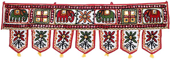 Ivory Auspicious Toran for the Doorstep with Embroidered Elephants and Mirrors