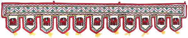 Snow-White Auspicious Toran for the Doorstep with Embroidered Elephants