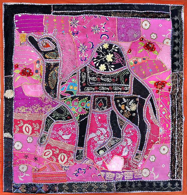 Burnt-Orange Hand-Crafted Embroidered Patchwork Camel Wall Hanging from Gujarat with Sequins
