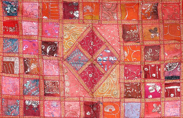 Flame-Scarlet Wall Hanging from Kutch with Embroidered Checks and Sequins All-Over