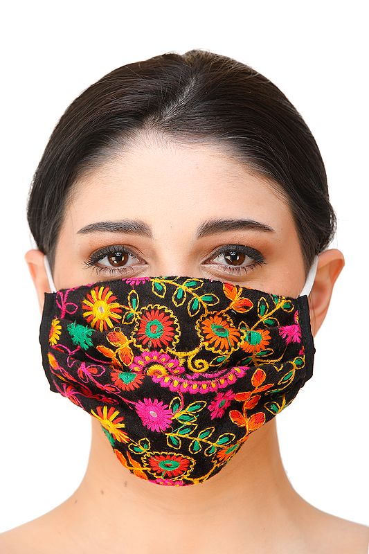 Jet-Black Two-Ply Embroidered Fashion Mask with Cotton-Backing and Ear Loops