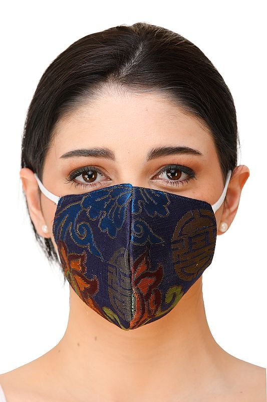 True-Blue Brocaded Two ply Fashion Mask from Banaras with Woven Flowers and Cotton-Backing