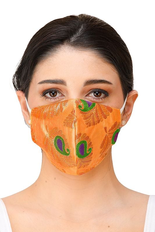 Brocaded Two-ply Fashion Mask from Banaras with Woven Flowers and Cotton-Backing