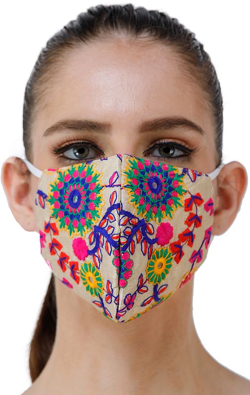 Two Ply Fashion Mask with Embroidered Flowers and Mirrors