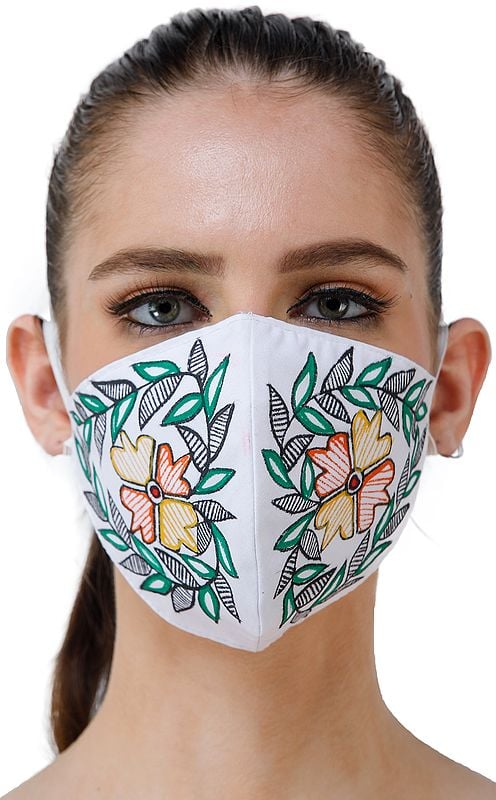 Two Ply Cotton Fashion Mask with Hand-Painted Madhubani Motifs (Flower with Olive Branches)