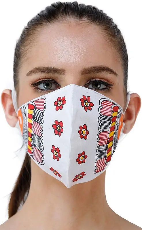Two Ply Cotton Fashion Mask with Hand-Painted Madhubani Motifs (Four Flowers)