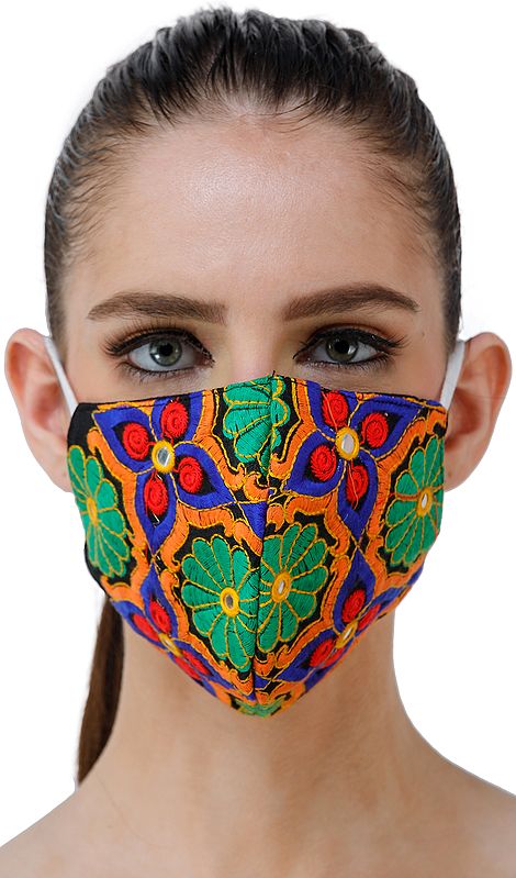 Multi-Colored Two Ply Fashion Mask from Jaipur with Aari-Embroidered Flowers and Mirrors