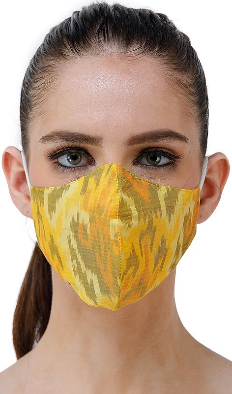 Yellow Handloom Pure Silk Two Ply Fashion Mask with Ikat Weave from Pochampally