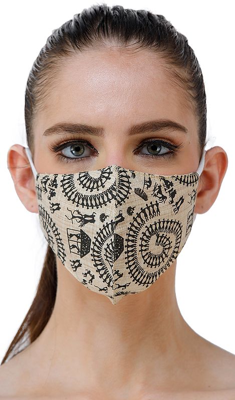 Beige Two Ply Cotton Fashion Mask with Block-Printed  Warli Chakra of Life