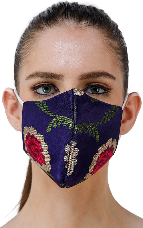Dazzling-Blue Brocade Two Ply Fashion Mask from Banaras with Hand Woven Roses and Zari Weave
