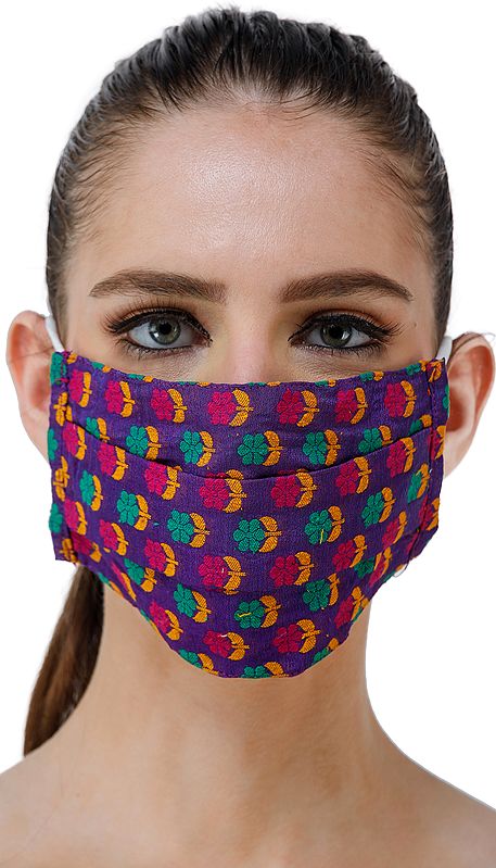 Dazzling-Blue Katan Fabric Two Ply Fashion Mask from Banaras with Woven Flowers