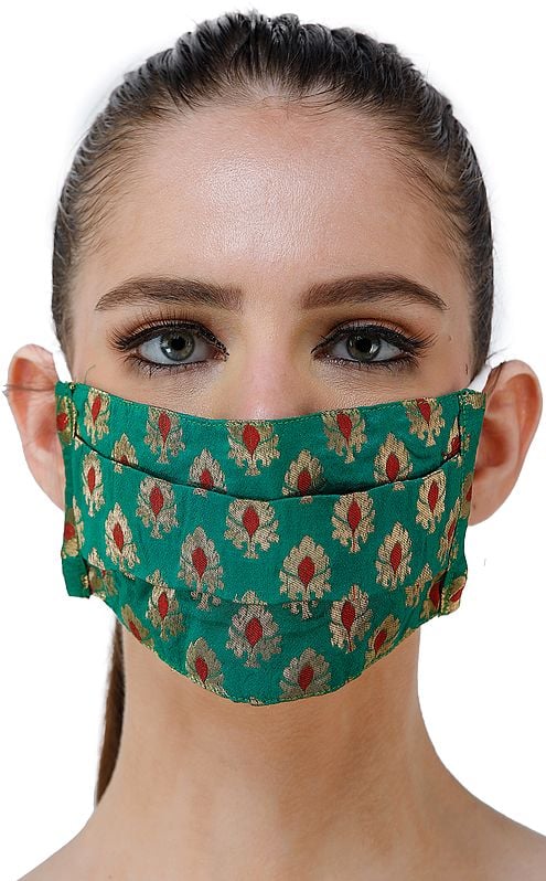 Kelly-Green Two Ply Fashion Mask from Banaras with All-Over Woven Bootis and Cotton Backing