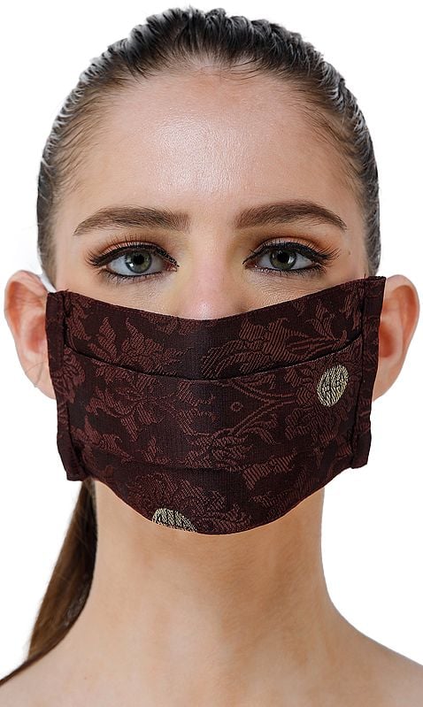 Chocolate-Truffle Two Ply Fashion Mask from Banaras with Self Weave and Chinese Good Luck Symbols