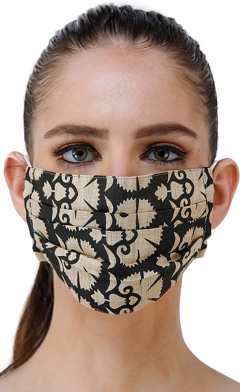 Black and Beige Two-Ply Fashion Mask from Jharkhand with Floral Printed Motifs
