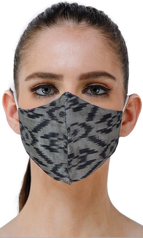 Gray and Black Handloom  Silk Two Ply Fashion Mask with Ikat Weave from Pochampally