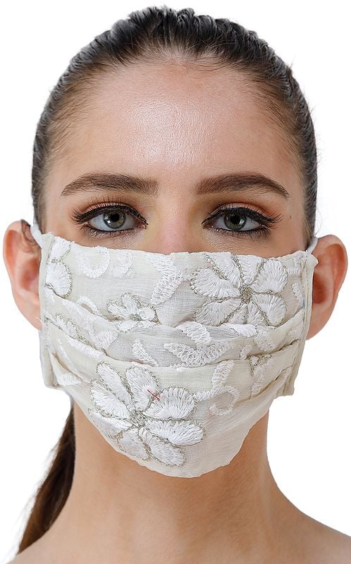 Ivory Two Ply Fashion Mask from Surat with Metallic Thread Embroidered Flowers