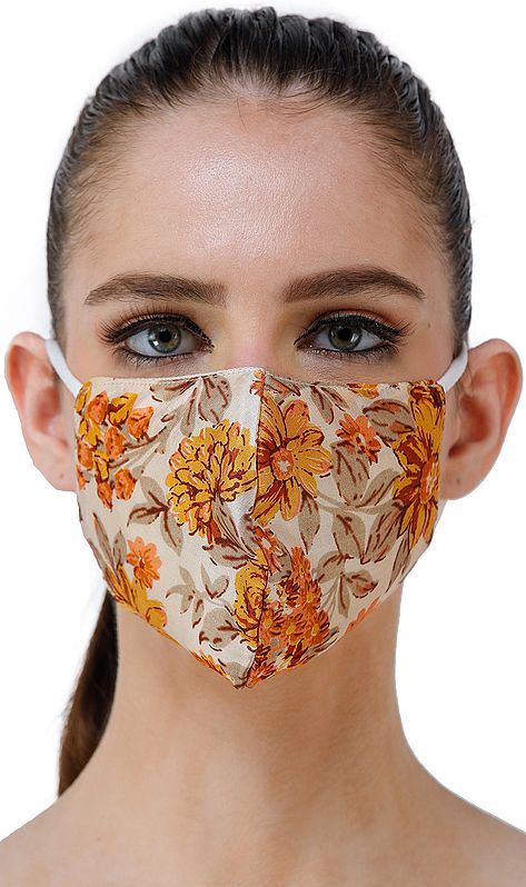 Cream and Amber Floral Printed Two Ply Fashion Mask from Gandhi Ashram