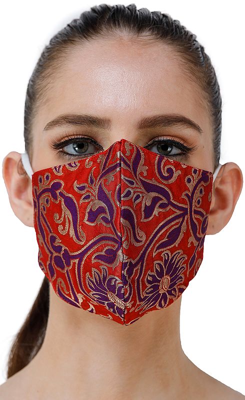 Flame Scarlet Katan Fabric Two Ply Fashion Mask from Banaras with Woven Flowers in Blue and Gold