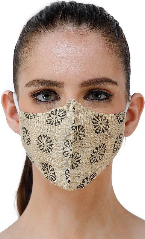 Dusty-Yellow Two-Ply Fashion Mask from Jharkhand with Block Printed Small Flowers