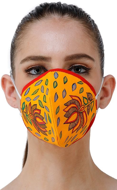 Three Ply Cotton Fashion Mask with Hand-Painted Madhubani Motifs (Lotus)