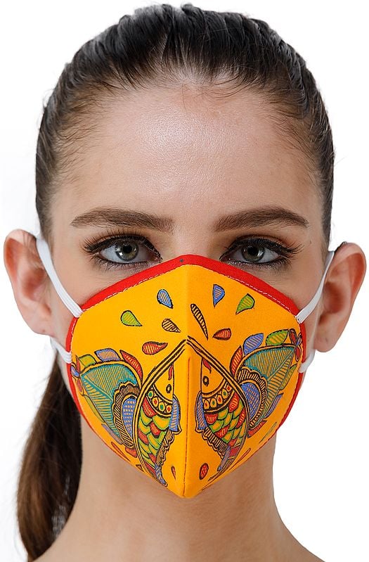 Three Ply Cotton Fashion Mask with Hand-Painted Madhubani Motifs (Fish)