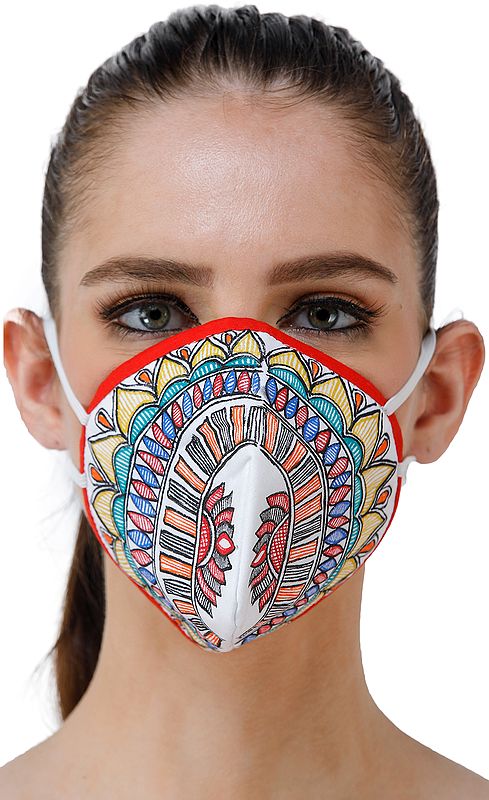 Three Ply Cotton Fashion Mask with Hand-Painted Madhubani Motifs (Lotus-Mandala)