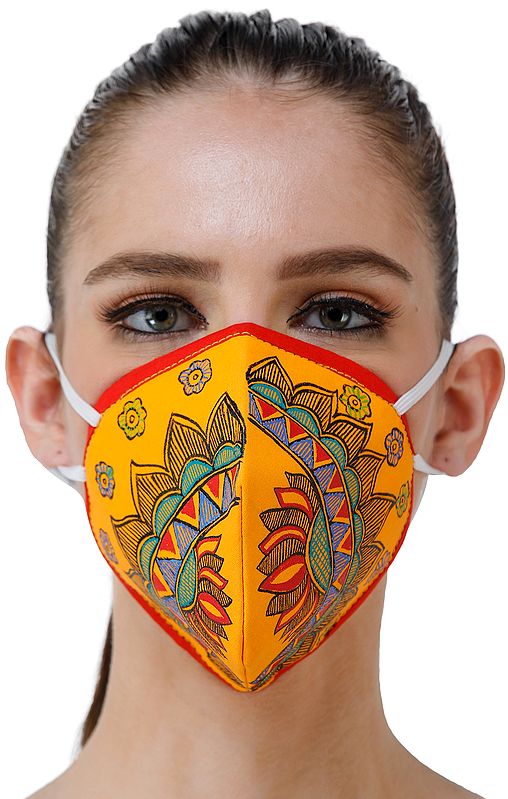 Three Ply Cotton Fashion Mask with Hand-Painted Madhubani Motifs (Lotus-Mandala)