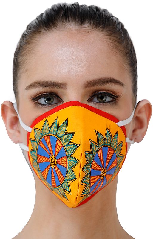 Three Ply Cotton Fashion Mask with Hand-Painted Madhubani Motifs (Floral-Wheel)