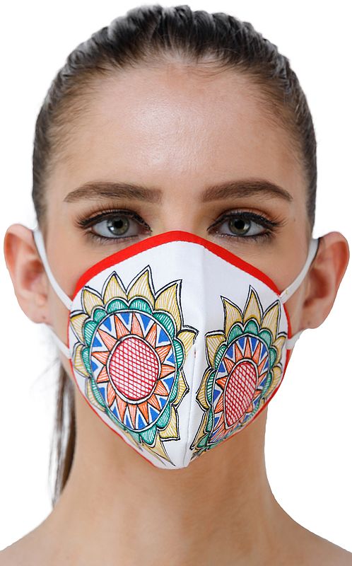 Three Ply Cotton Fashion Mask with Hand-Painted Madhubani Motifs (Big-Flowers)