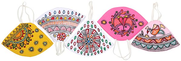 Lot of Five, Two Ply Cotton Fashion Mask with Hand-Painted Madhubani Motifs (Multi-color)