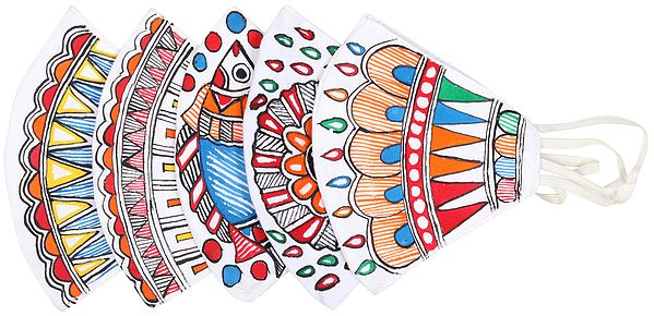 Lot of Five, Two Ply Cotton Fashion Mask with Hand-Painted Madhubani Motifs (Flowers and Fish)